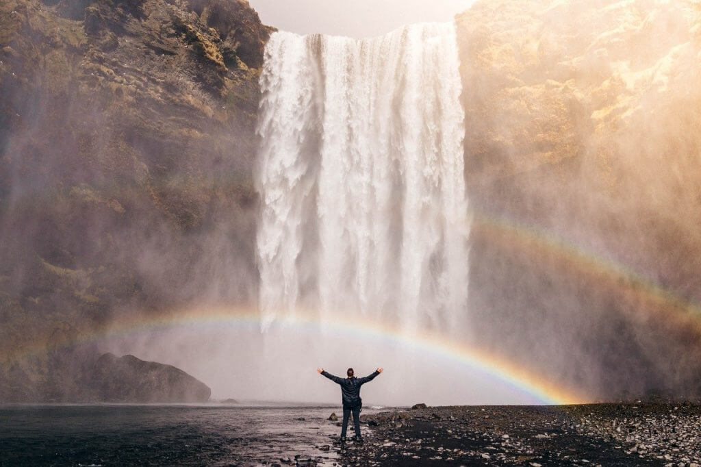 waterfalls, rainbow, man